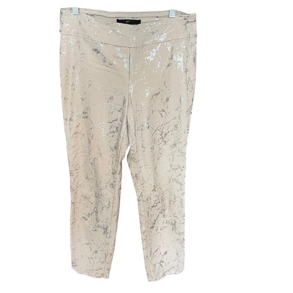 Up! Khaki Beige & Silver Metallic Printed Slim Pants Womens Size 14 Rayon Blend - Picture 1 of 5